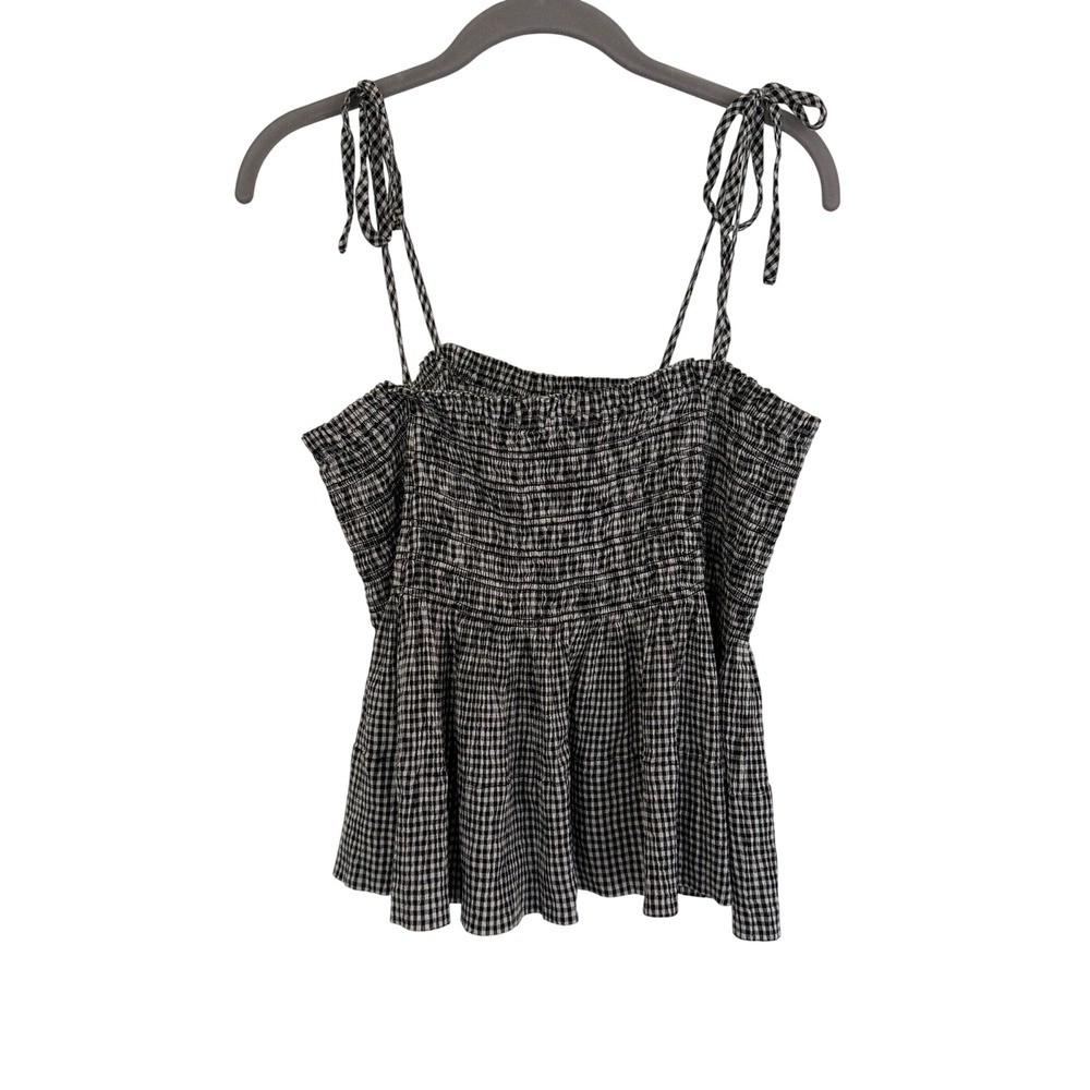 The Great Gingham Smocked Tie Shoulder Peplum Cotton Camisole Top Black White 0